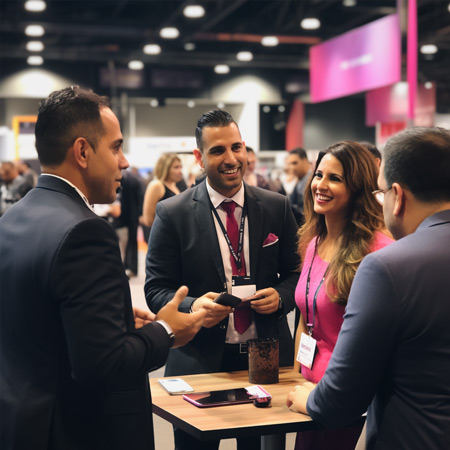 Business people talking to each other at an Expo and networking event